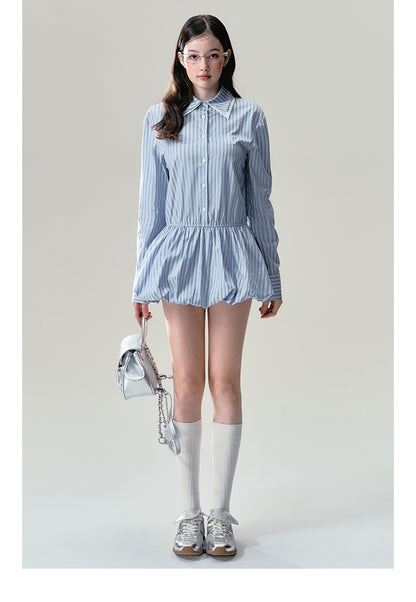 Layered Collar Glitter Striped Balloon Shirt Dress