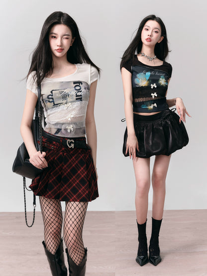 Printed Reverse-Seam T-Shirt With Lace And Bow Detail