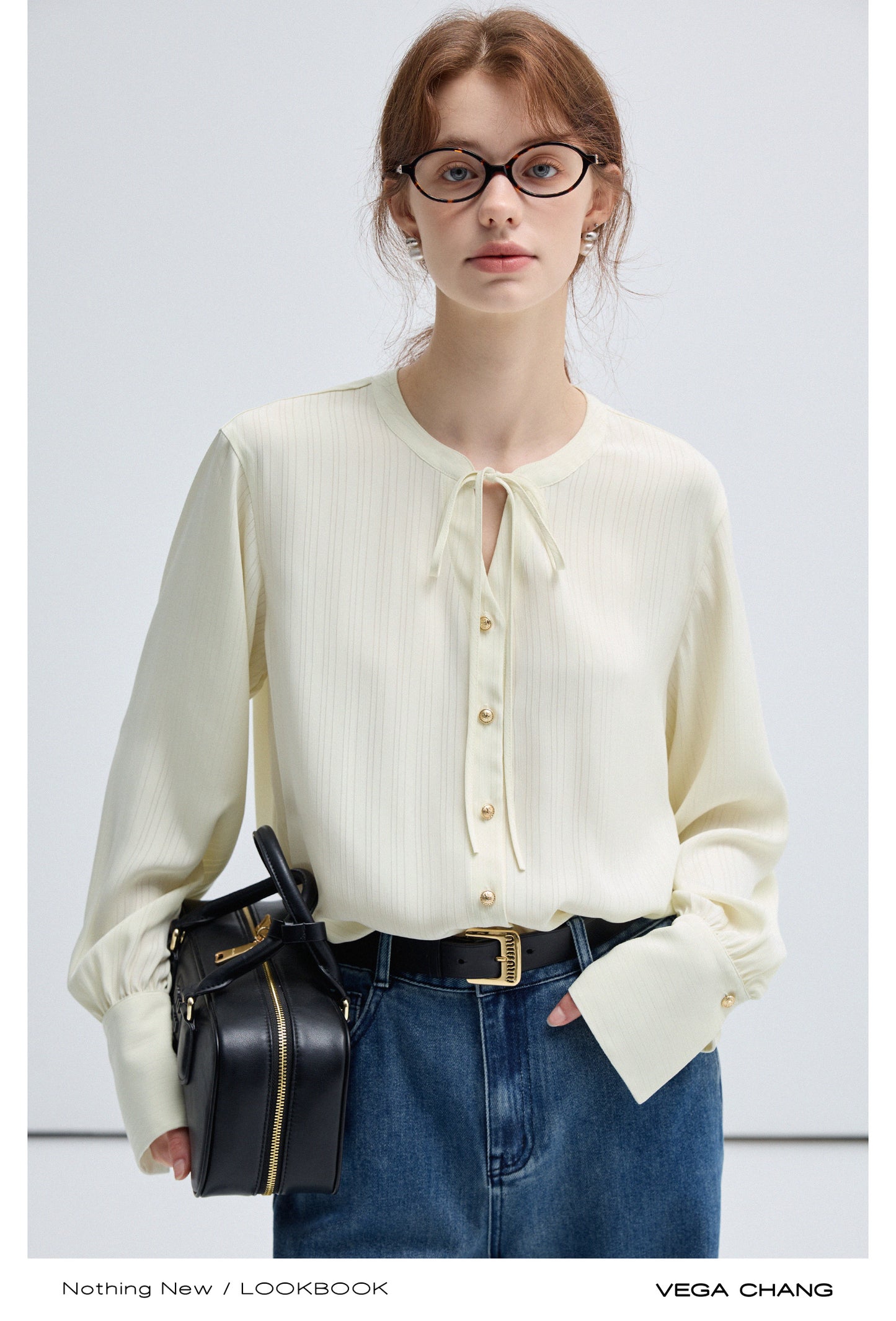 Tie Neck Stripe Chiffon Blouse With Flare Cuffs