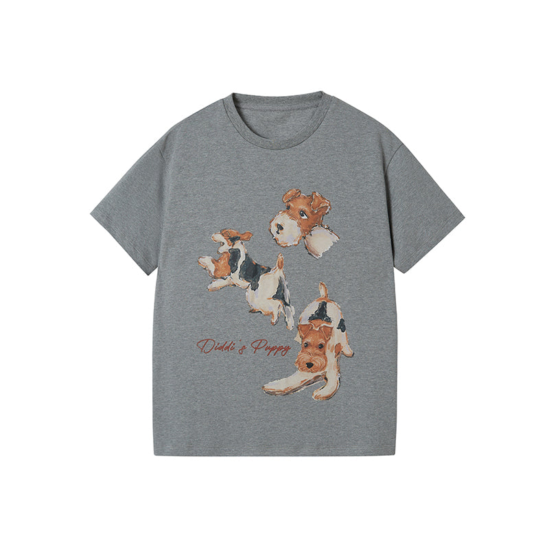 Illustrated Dog Print Round Neck Cotton T-Shirt