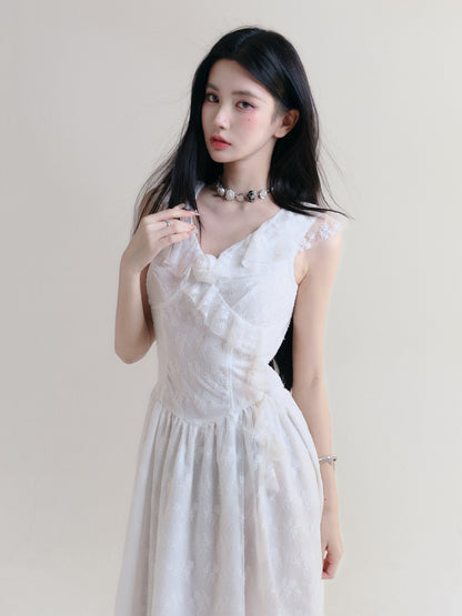 Asymmetric Flower Lace Frilled Collar Dress