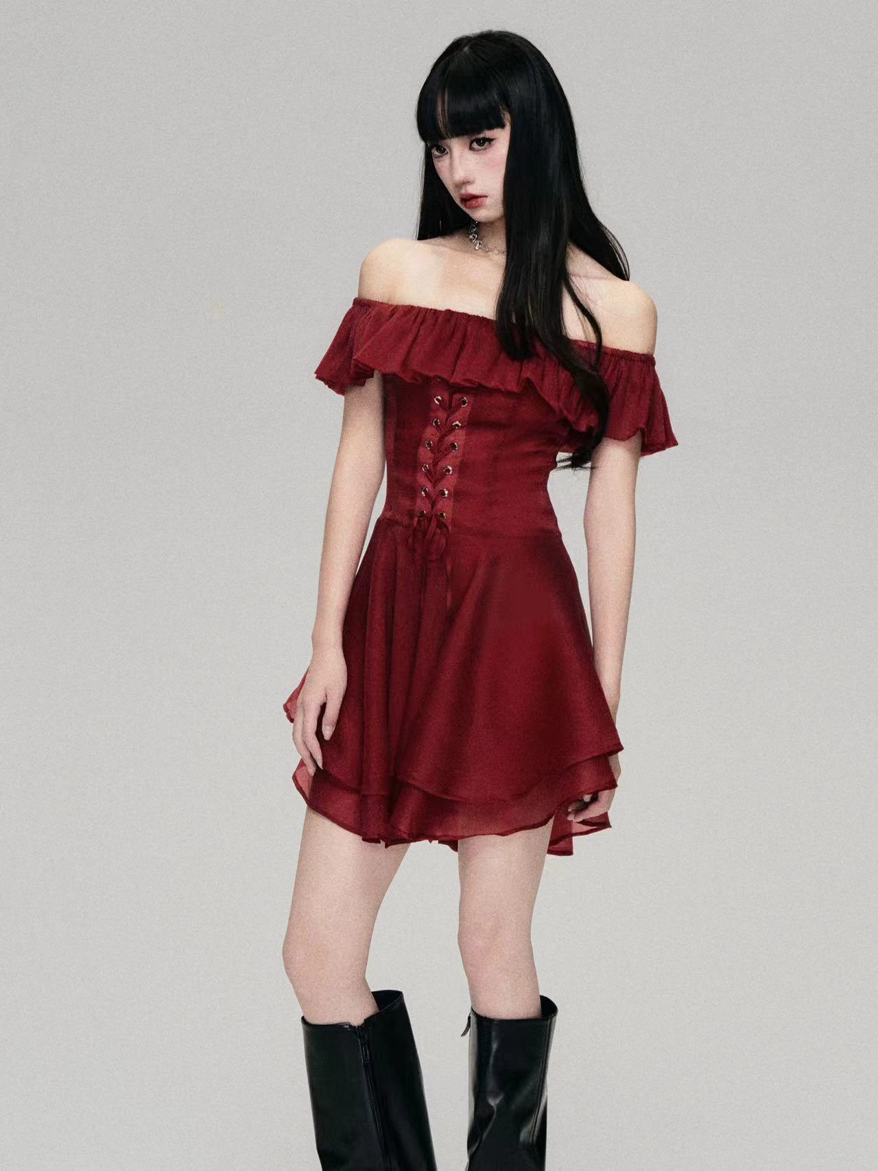 Off Shoulder Lace-Up Glossy Chiffon Dress