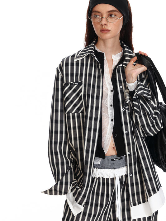 Faux Layered Stripe-Look Checkered Shirt