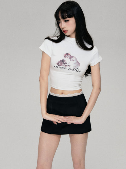 Cat Print Mock Neck Cropped Fitted T-Shirt