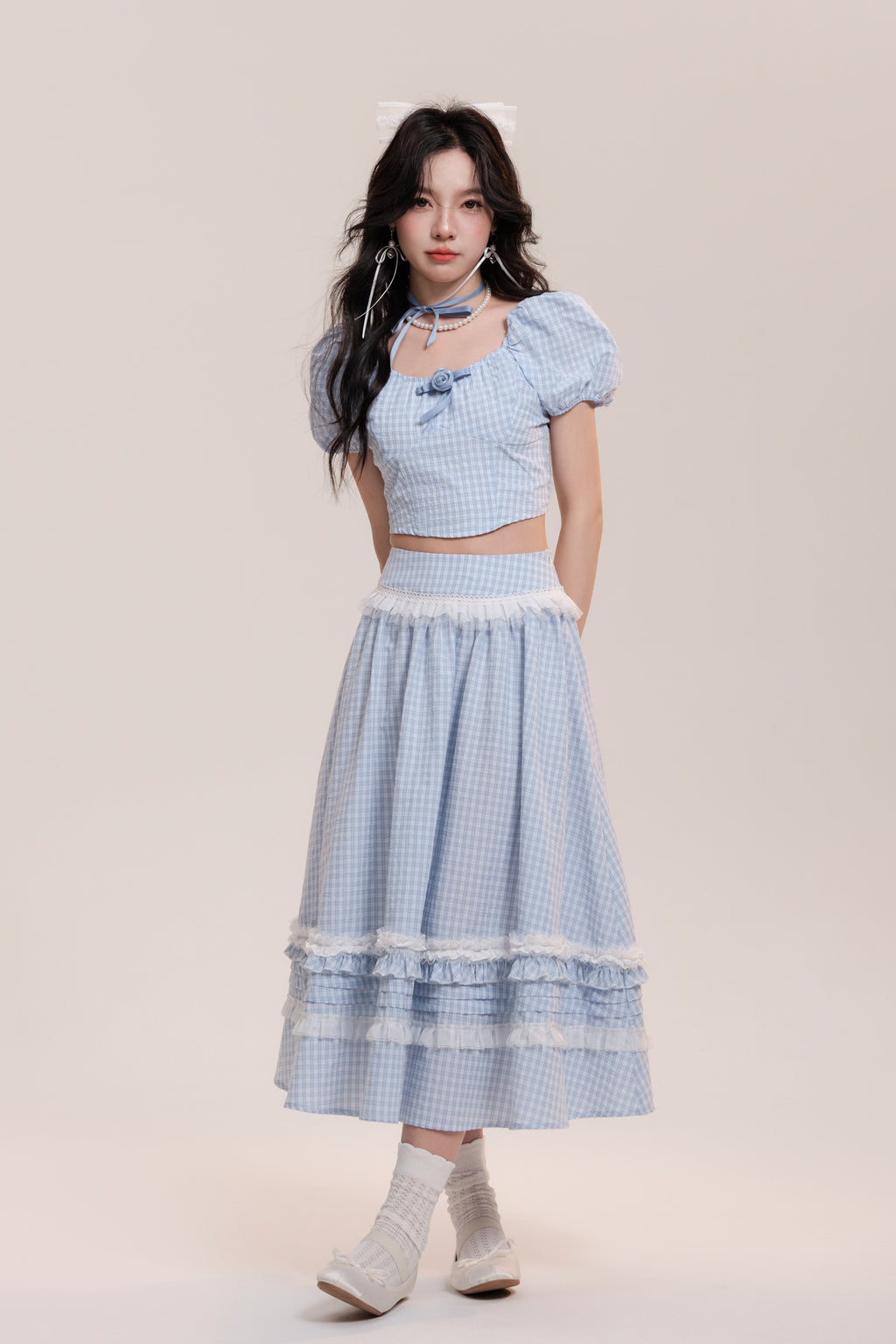 Rose Checkered Puff Sleeve Top And Frilled Skirt