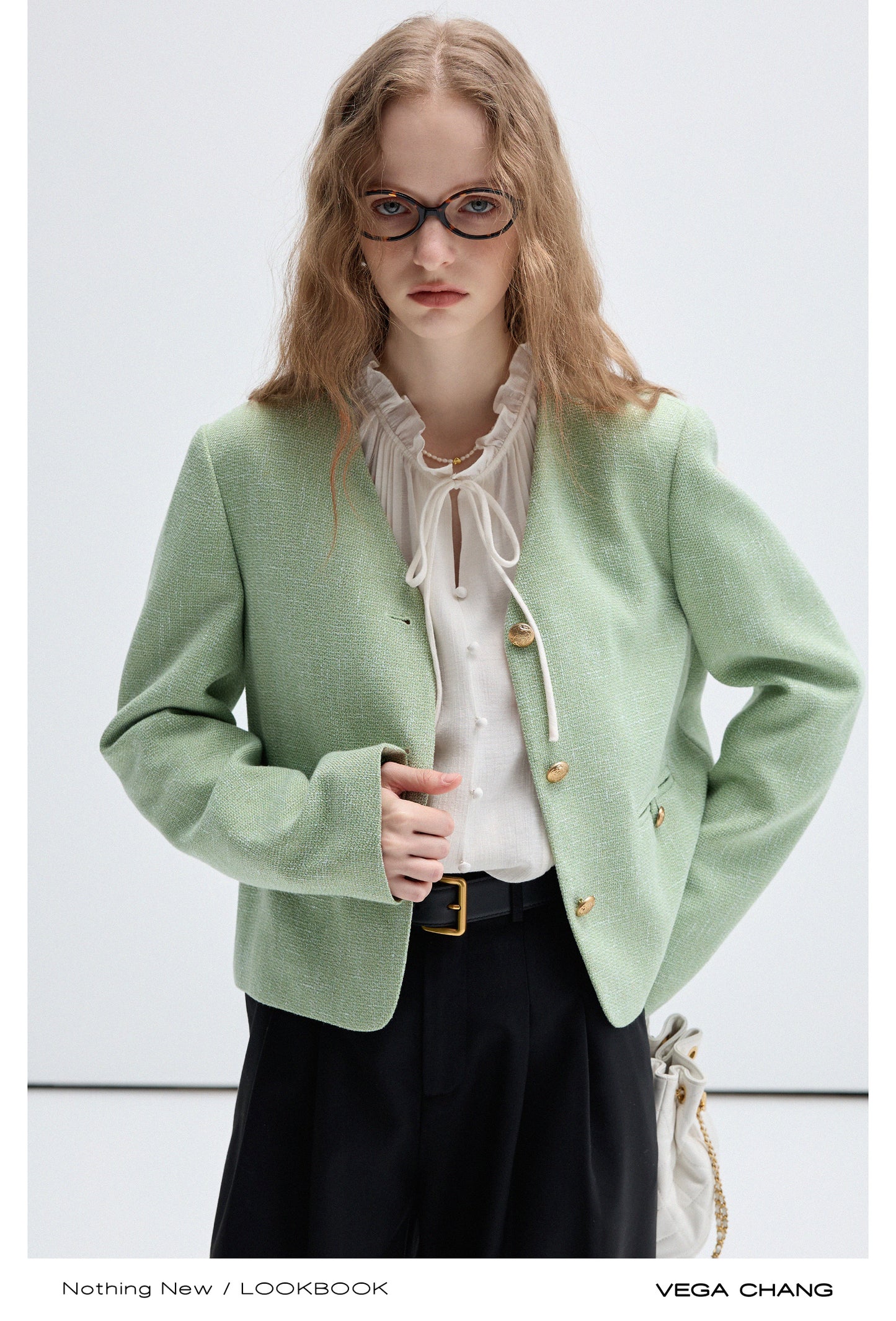 Collarless Gold Buttoned Tweed Jacket