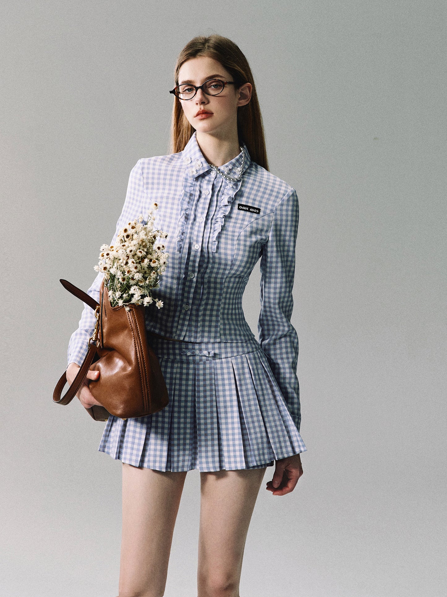 Gingham Check Frill Fitted Shirt And Pleated Skirt