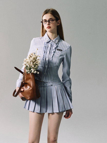 Gingham Check Frill Fitted Shirt And Pleated Skirt