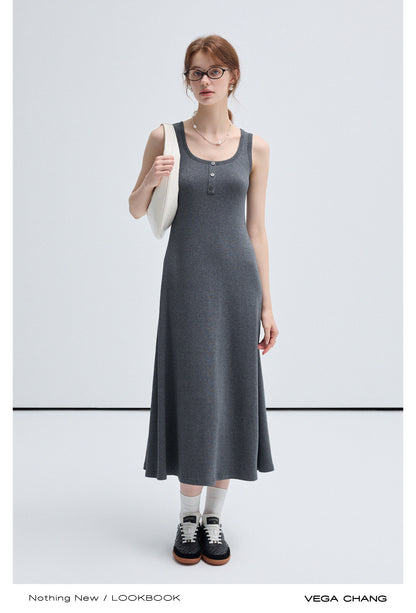 Simple Casual Henley Neck Sleeveless Long Dress