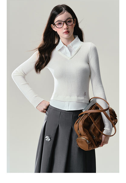 Layered V-Neck Rib Knit Top With Shirt Collar