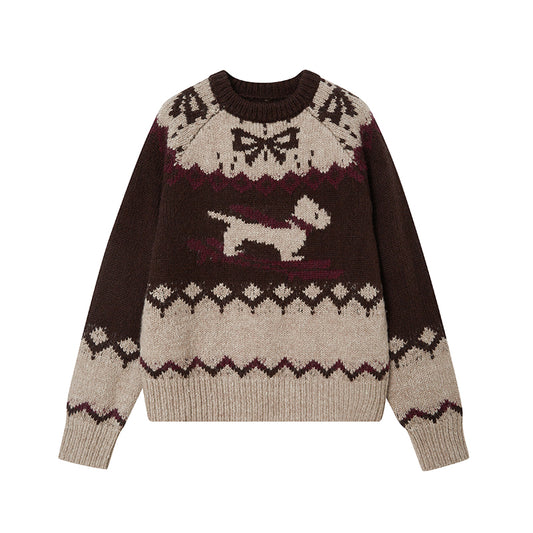 Puppy Patterned Jacquard Wool Blend Sweater