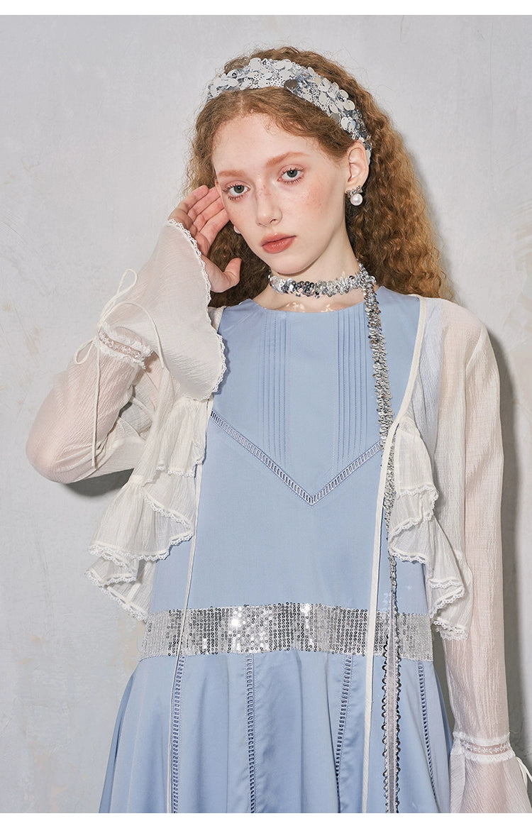 Frilled See-Through Lace-Up Shirt With Flared Cuffs