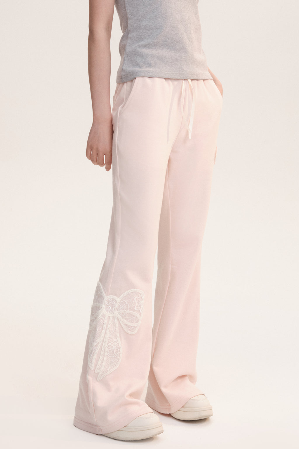 Large Lace Bow Patched Flare Sweatpants