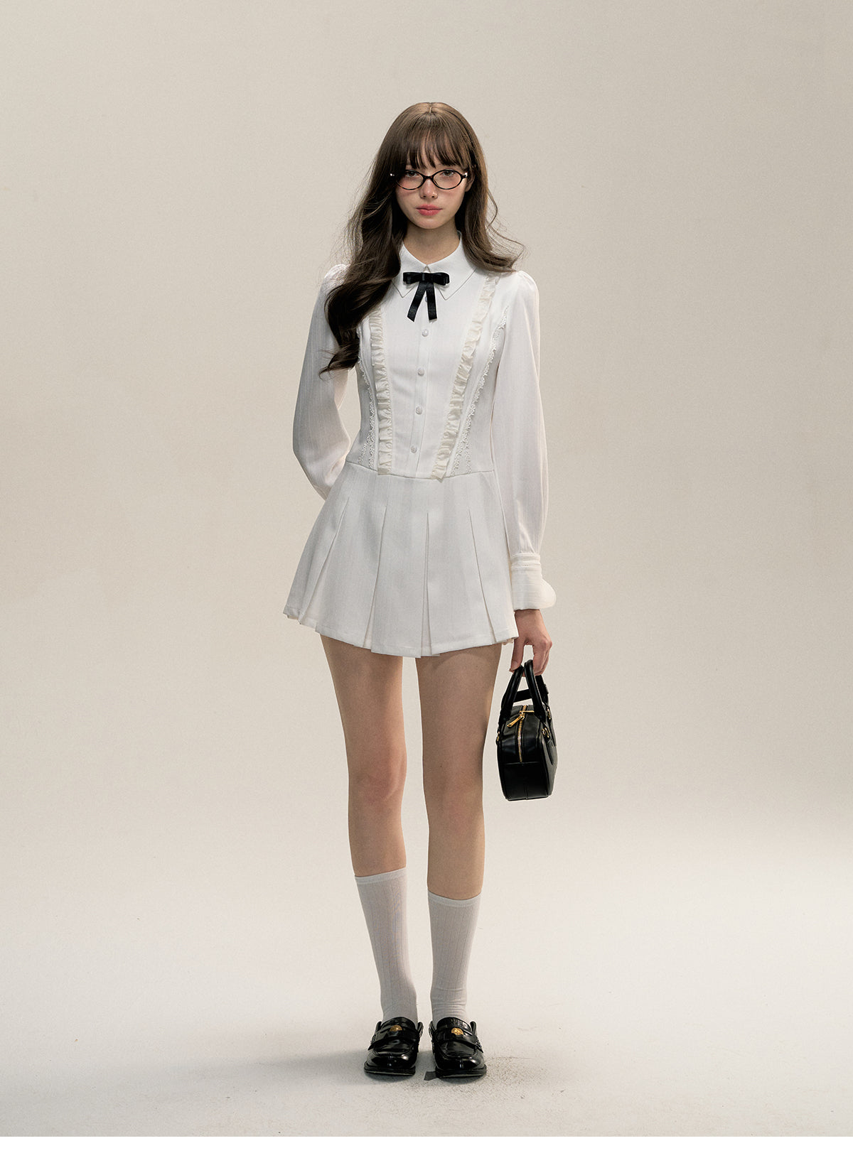 Pleated Shirt Dress With Removable Bow Tie