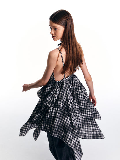 Asymmetric Gingham Check Layered Camisole Dress