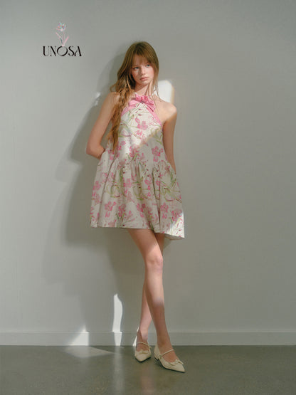 Flower Ribbon Cross Strap Floral Puffy Dress