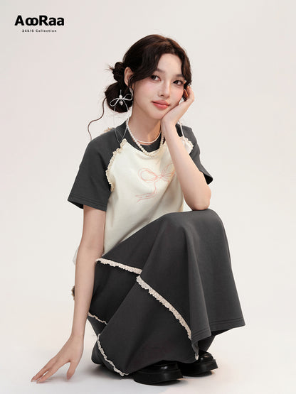 Bow Embroidery Frilled Raglan T-Shirt And Long Skirt