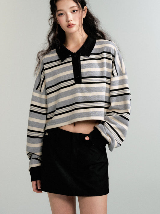 Contrast Color Cropped Stripe Polo Sweatshirt