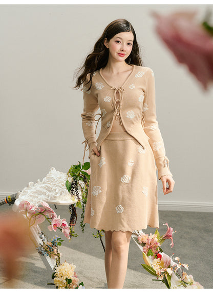 Flower Textured Jacquard Tie Knit Cardigan And Skirt