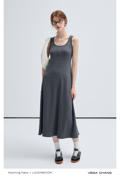 Simple Casual Henley Neck Sleeveless Long Dress