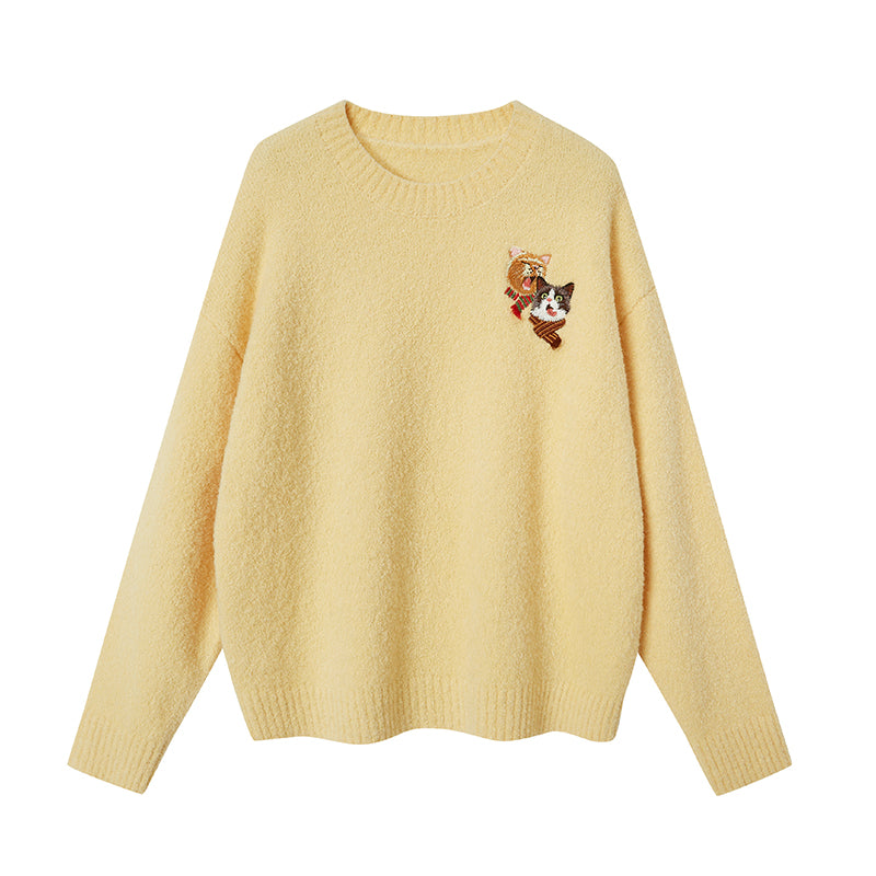 Playful Cats Embroidery Soft Sweater