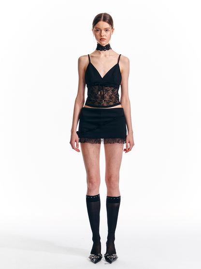 Deep V Tie Strap Lace Cami And Skirt With Shorts