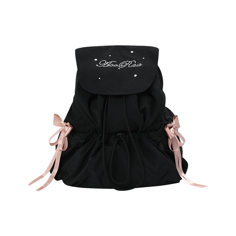 Drawstring Backpack With Decorative Satin Ribbons