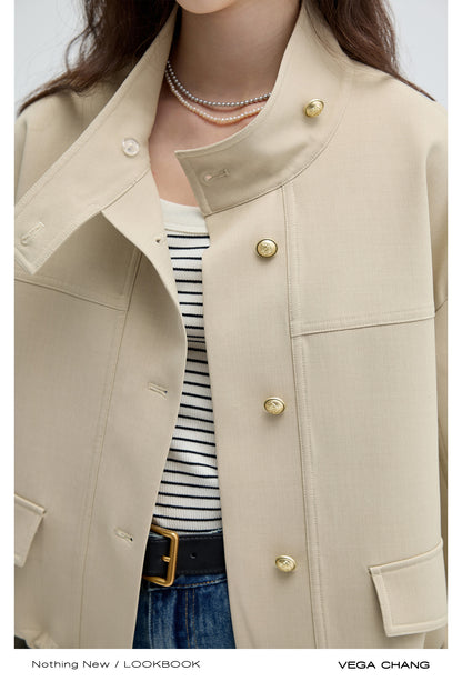 Stand Collar Drawstring Hem Short Jacket