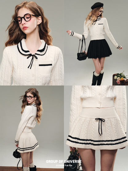 Collared Cable Knit Cardigan And Skirt Outfit