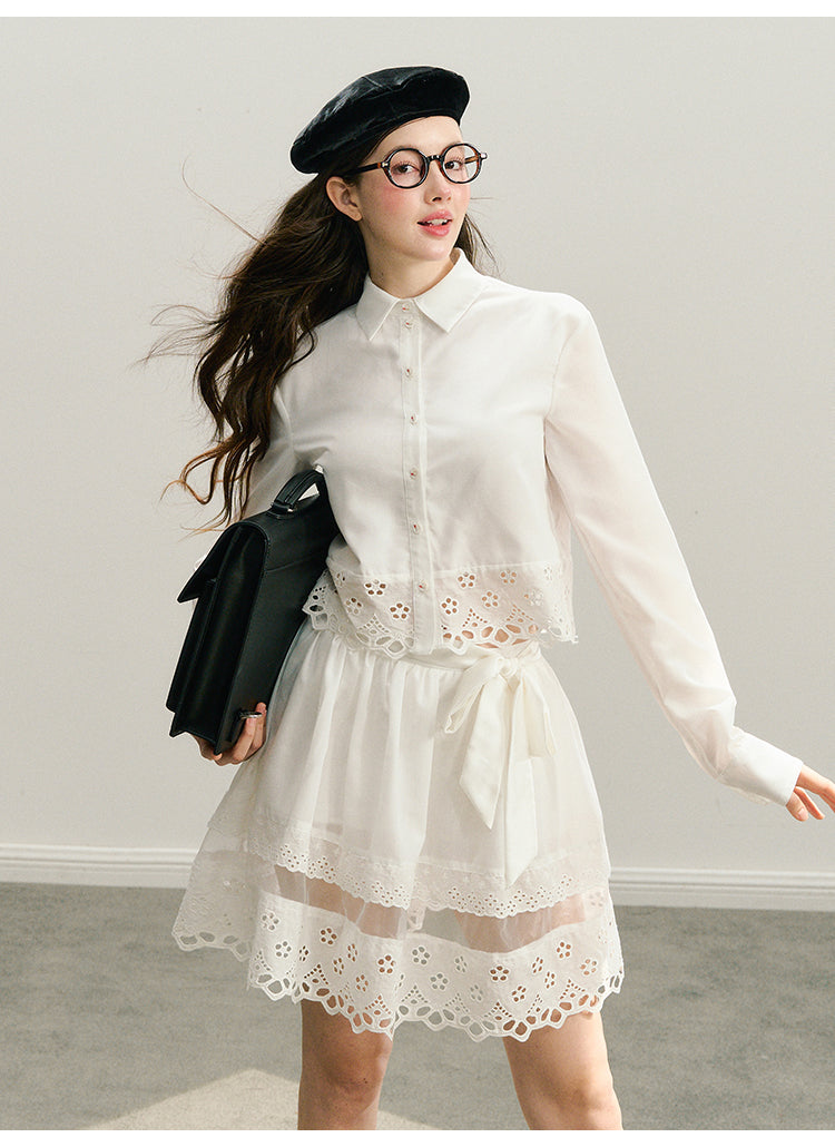 Eyelet Lace Shirt And Tulle Skirt With Ribbon Waist