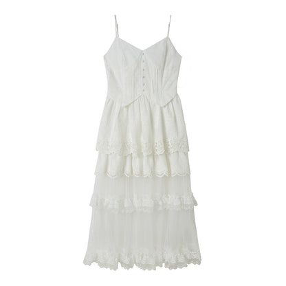 See-Through Embroidered Lace Long Tulle Organdy Dress