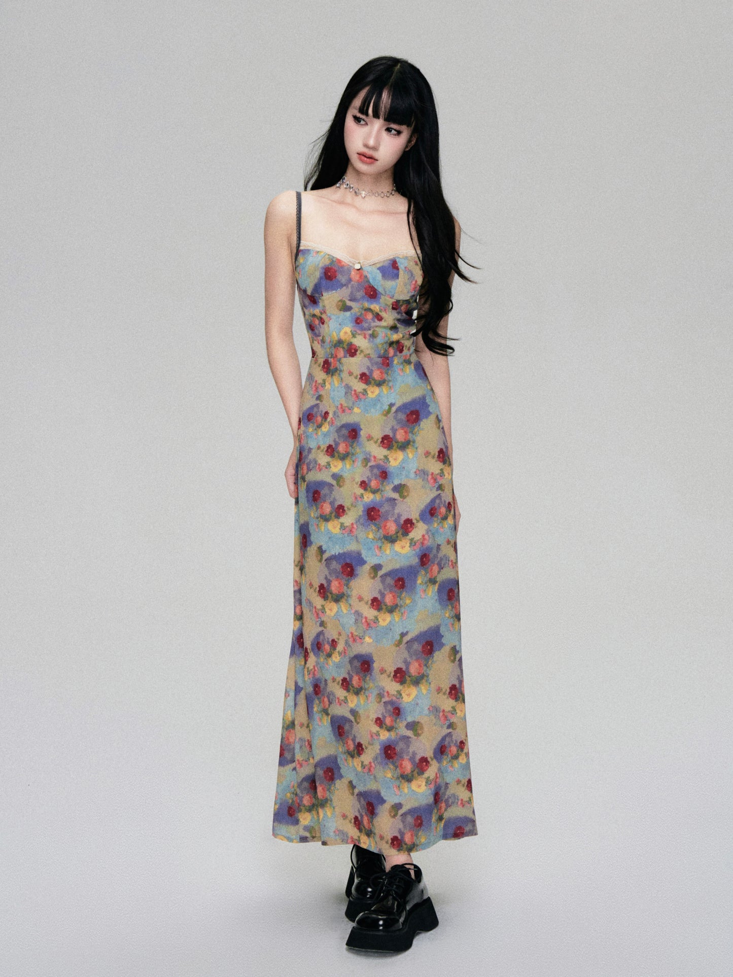 Oil Painting Style Floral Long Cami Dress