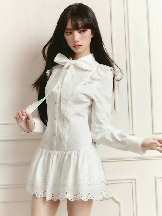 Tie Neck Mini Cotton Lace Shirt Dress