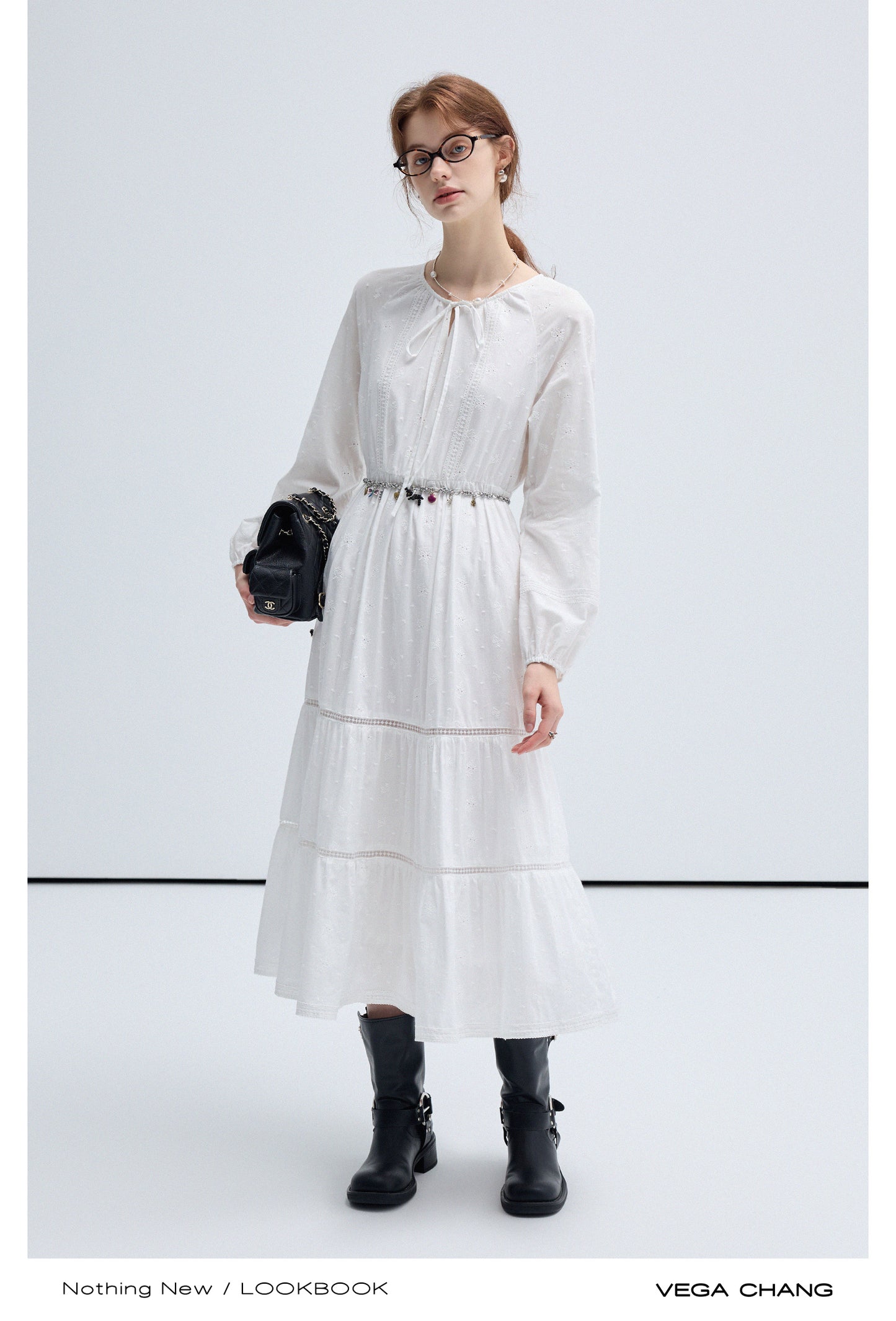 String Tie Neck Embroidery Long Tiered Smock Dress