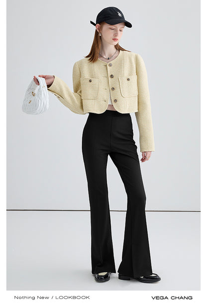 Wool Blend Collarless Cropped Tweed Jacket