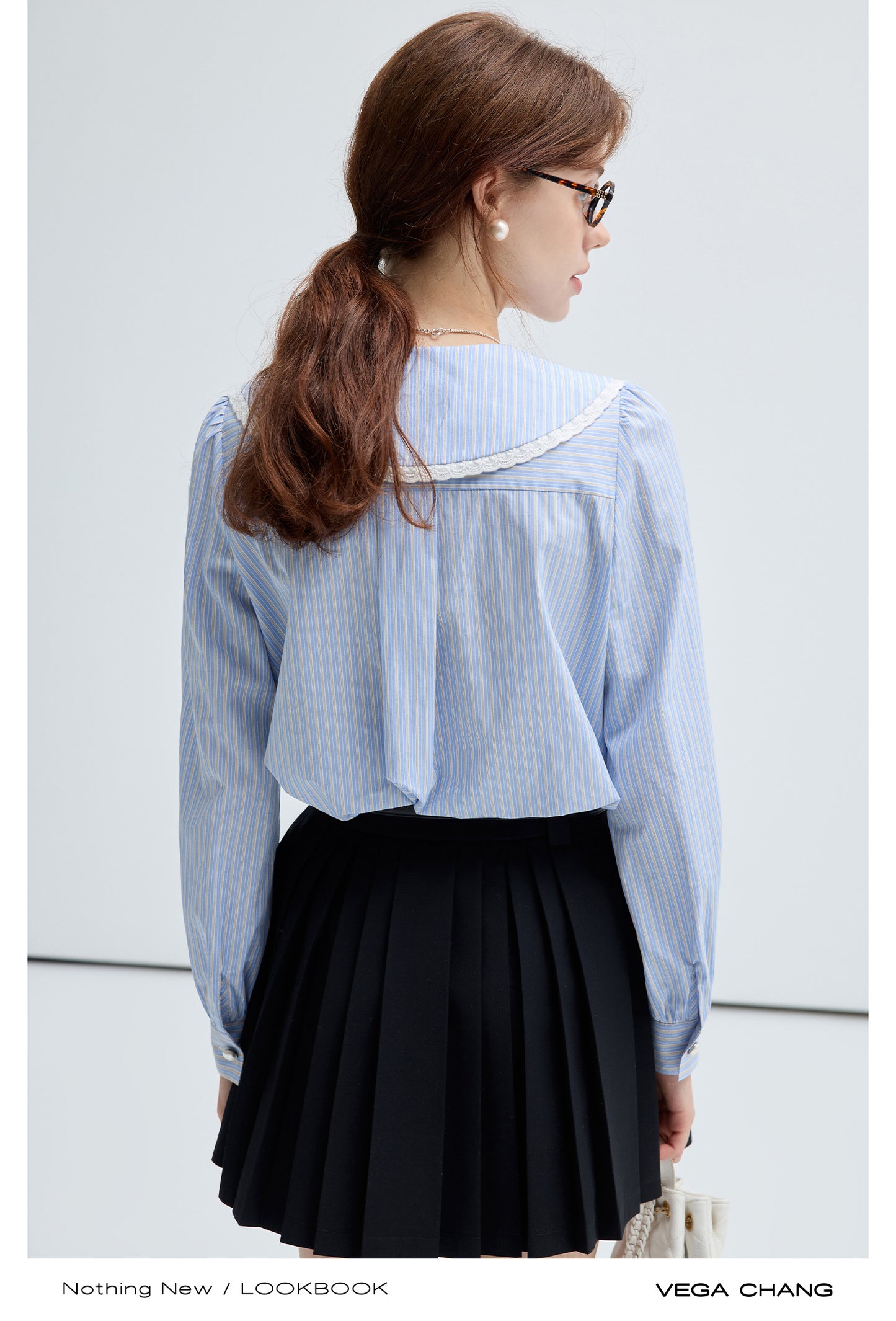 Frilled Round Collar Puff Sleeve Stripe Blouse