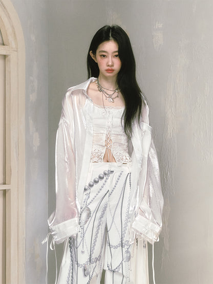 Luminous Loose Fit Long Sheer Ribbon Shirt