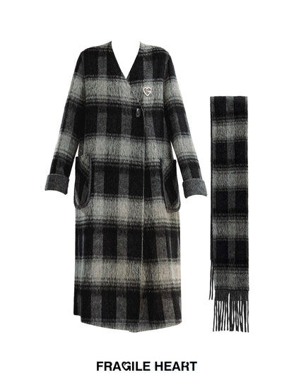 Plaid Collarless Wool Tweed Long Coat