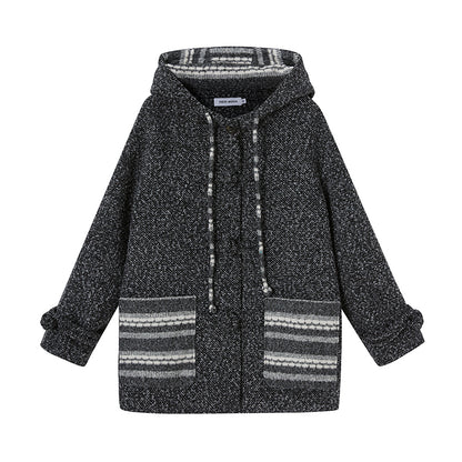 Hooded Striped Boucle Cotton Blend Short Jacket