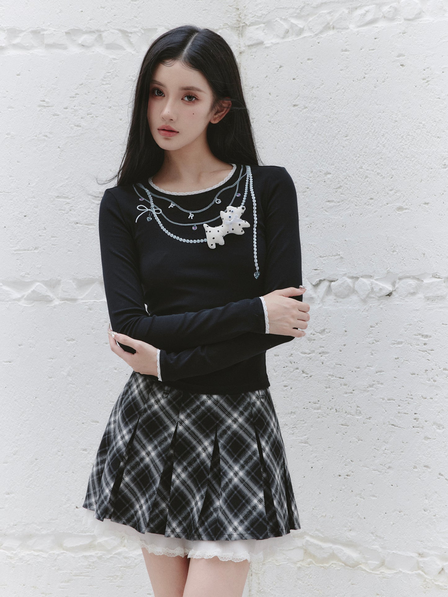 Lace-Trimmed Plaid Mini Pleated Skirt