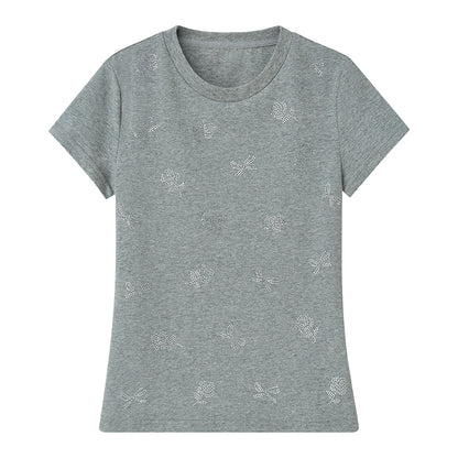 Rhinestone Bow And Flower Motif Slim Fit T-Shirt