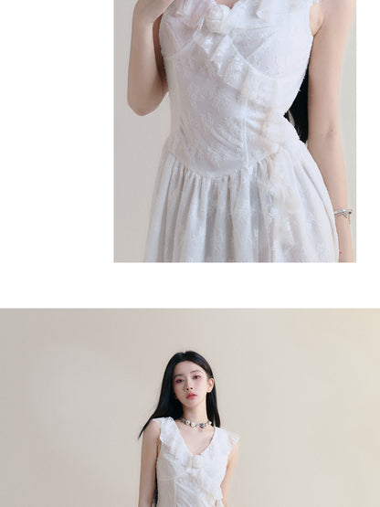 Asymmetric Flower Lace Frilled Collar Dress