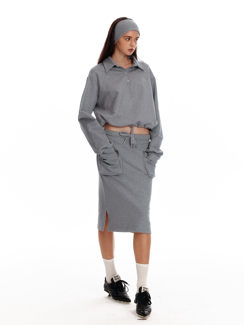 Polo Collar Relaxed Fit Drawstring Cotton Sweatshirt