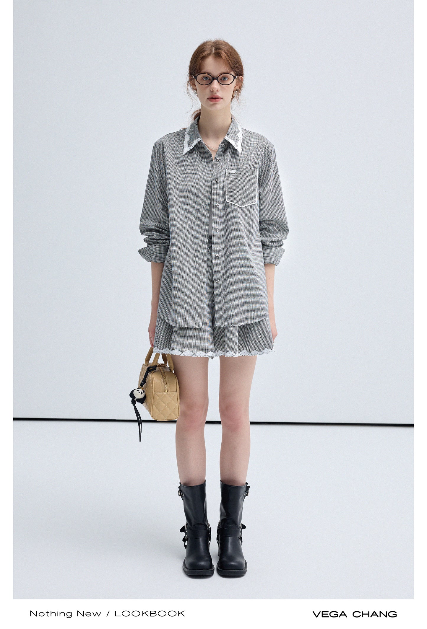 Lace Trimmed Houndstooth Shirt And Matching Shorts