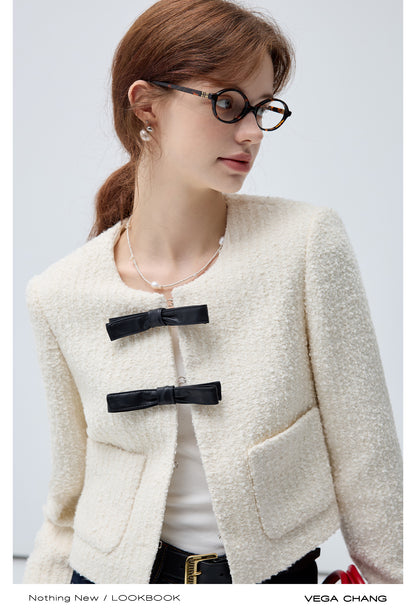 Wool Blend Textured Jacket With Faux Leather Bows