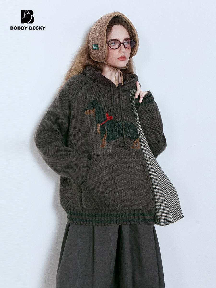 Dachshund Jacquard Hoodie Knit Top And Twill Skirt