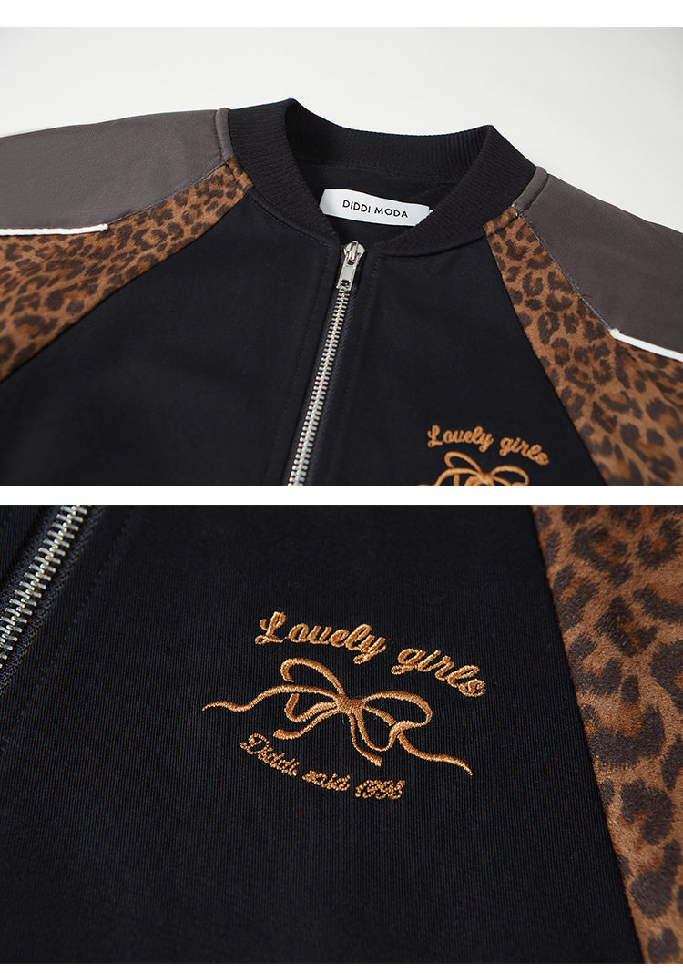 Sporty Girly Leopard Print Bomber Jacket