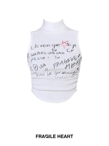 Handwriting Letter Print Sleeveless High Neck Ribbed Top