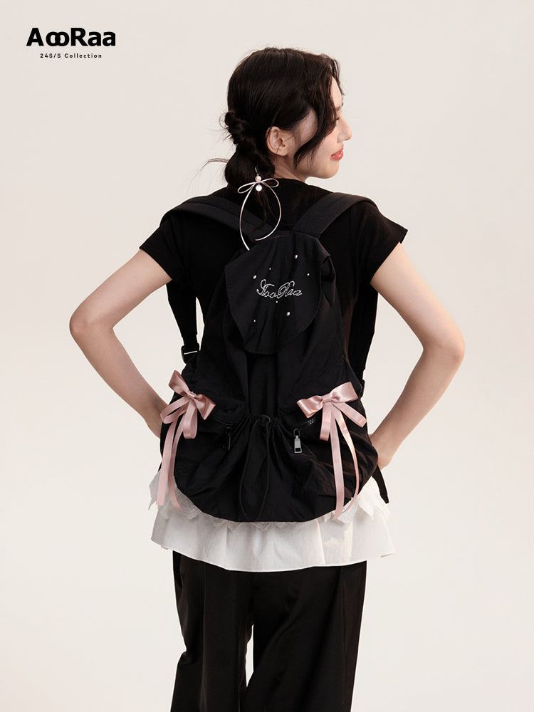 Drawstring Backpack With Decorative Satin Ribbons