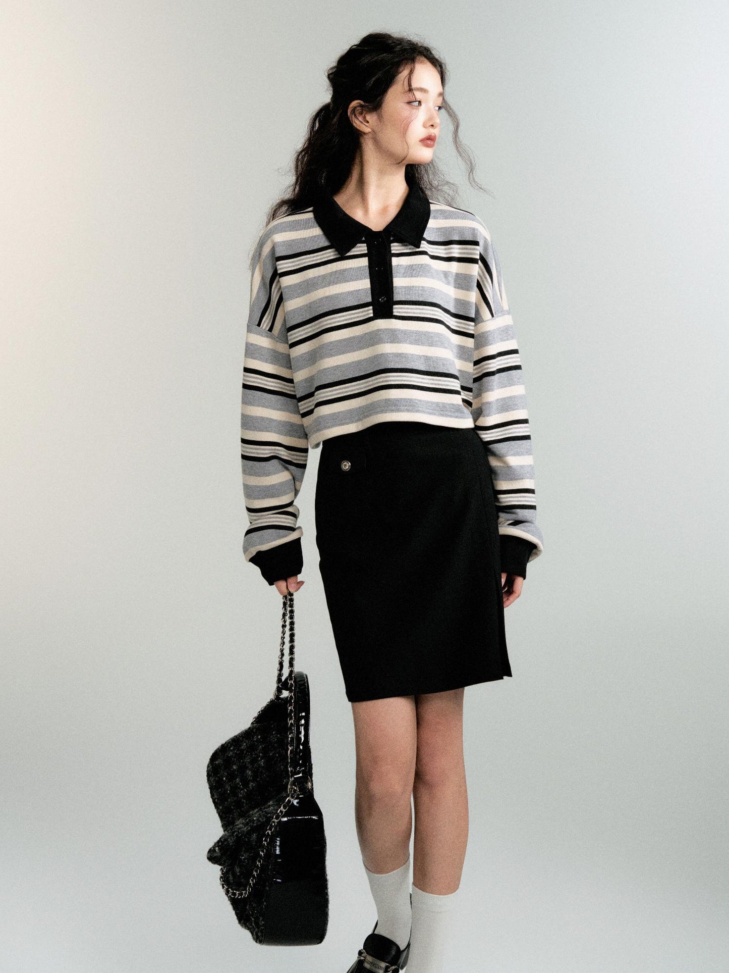 Contrast Color Cropped Stripe Polo Sweatshirt